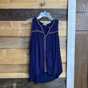 Anthropologie Medium S Pleione Navy Blue Tank Top Sleeveless Top Red White Trim